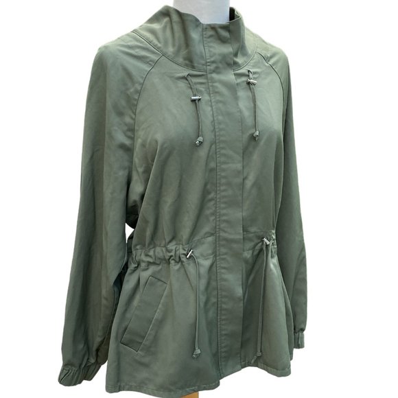 Elizabeth and James Utility Olive Green Cinch Waist Collar Windbreaker Jacket-M - Picture 2 of 14